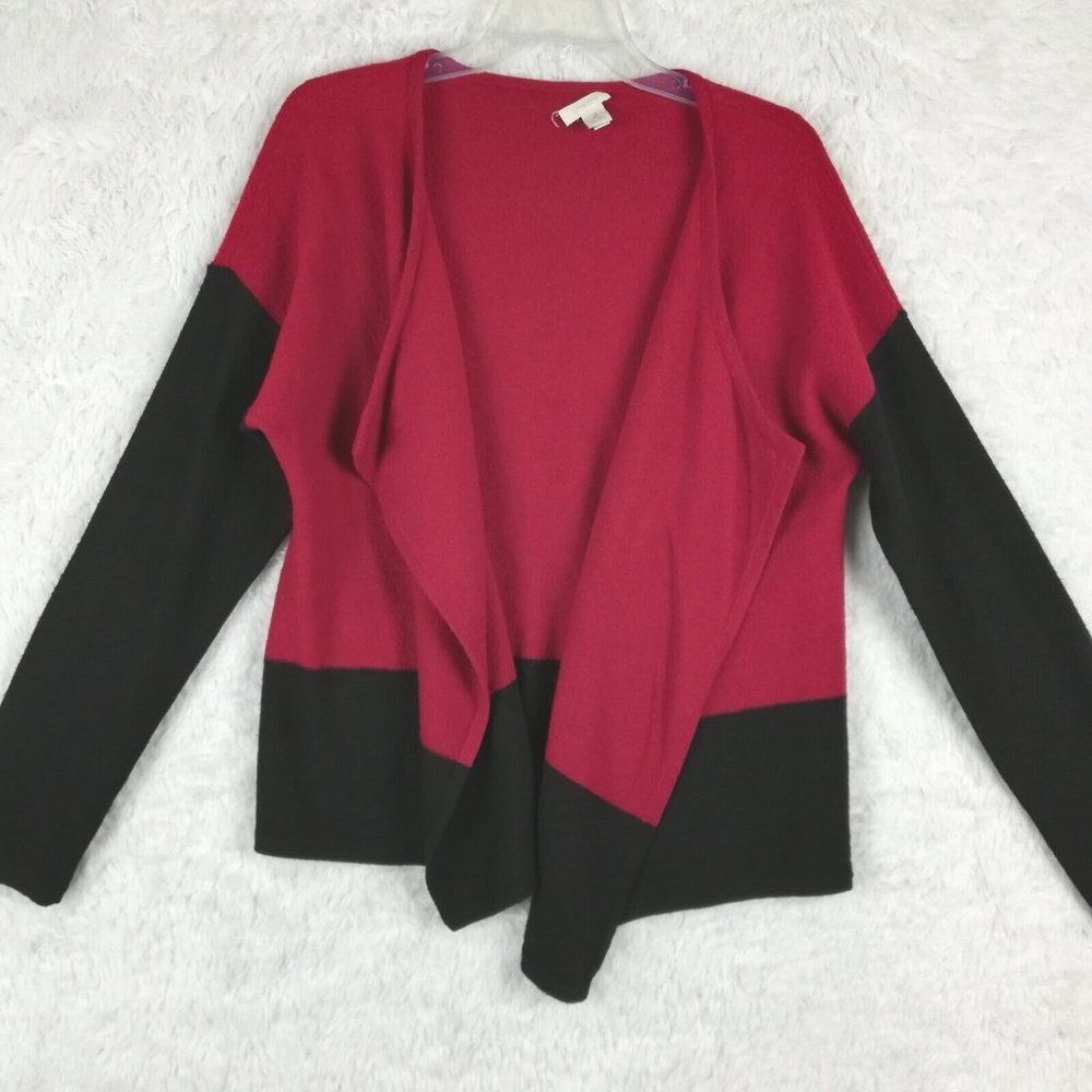 Chico's Womens Sweater Cardigan Wool Open Front Colorblock Red Black Plus 2